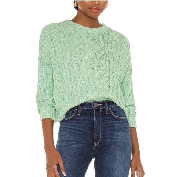 Free People Green On Your Side Cable Knit Cropped Boxy Pullover Sweater Small - Picture 3 of 16